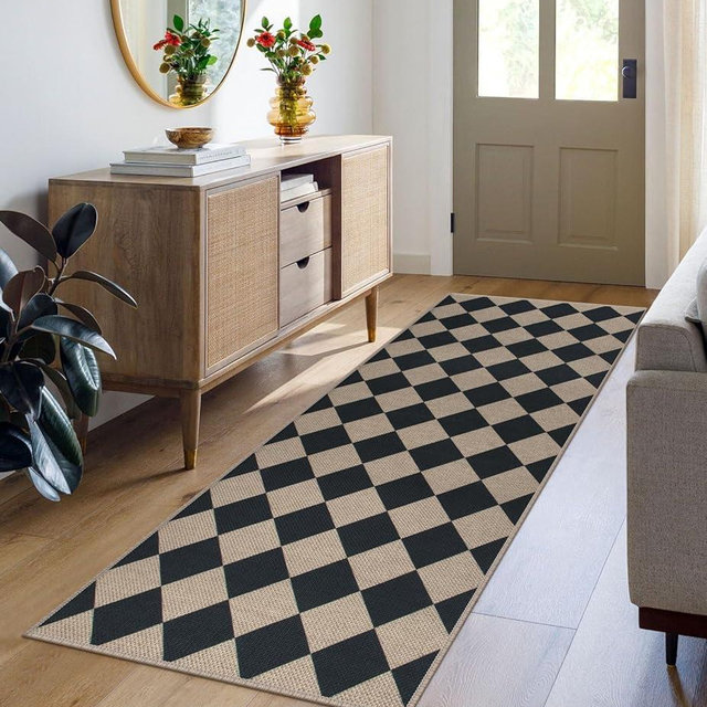 Rugalia Easy Jute Checkered Runner Rug, 2x6 Black Modern Washable Rugs Runner for Hallway Non-Slip Long Kitchen Rug, Geometric Diamond Indoor Outdoor Carpet for Porch Laundry Entryway