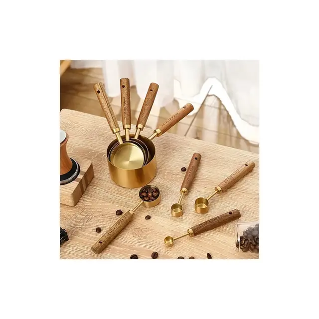 SUGIFT 8 Piece Gold Measuring Cups and Spoons Set Stainless Steel Measuring Cups with Wooden Handles Engraved Measurements