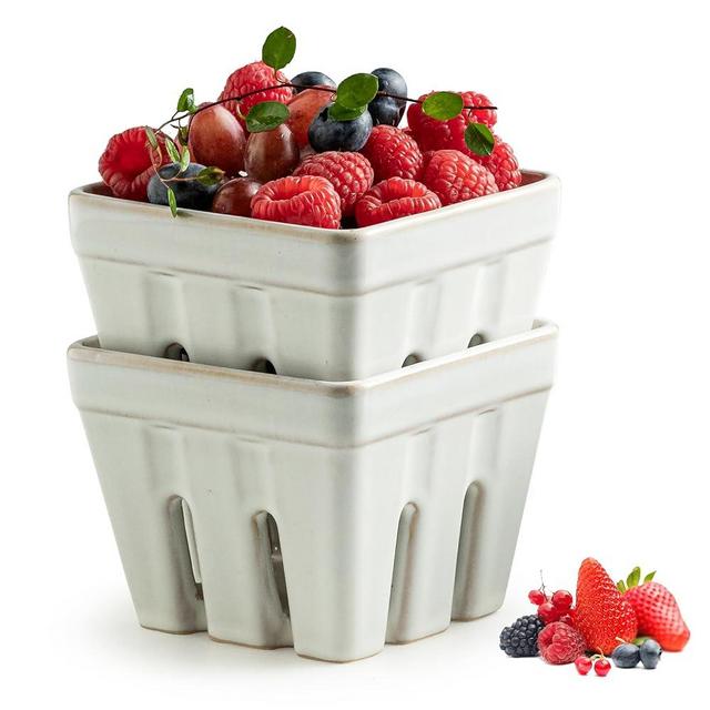 Gomakren Ceramic Berry Basket Set of 2, Square Fruit Bowl with Holes, Small Fruit Basket Containers for Kitchen Counter, Berries, Strawberry, Grape, Cherry, White