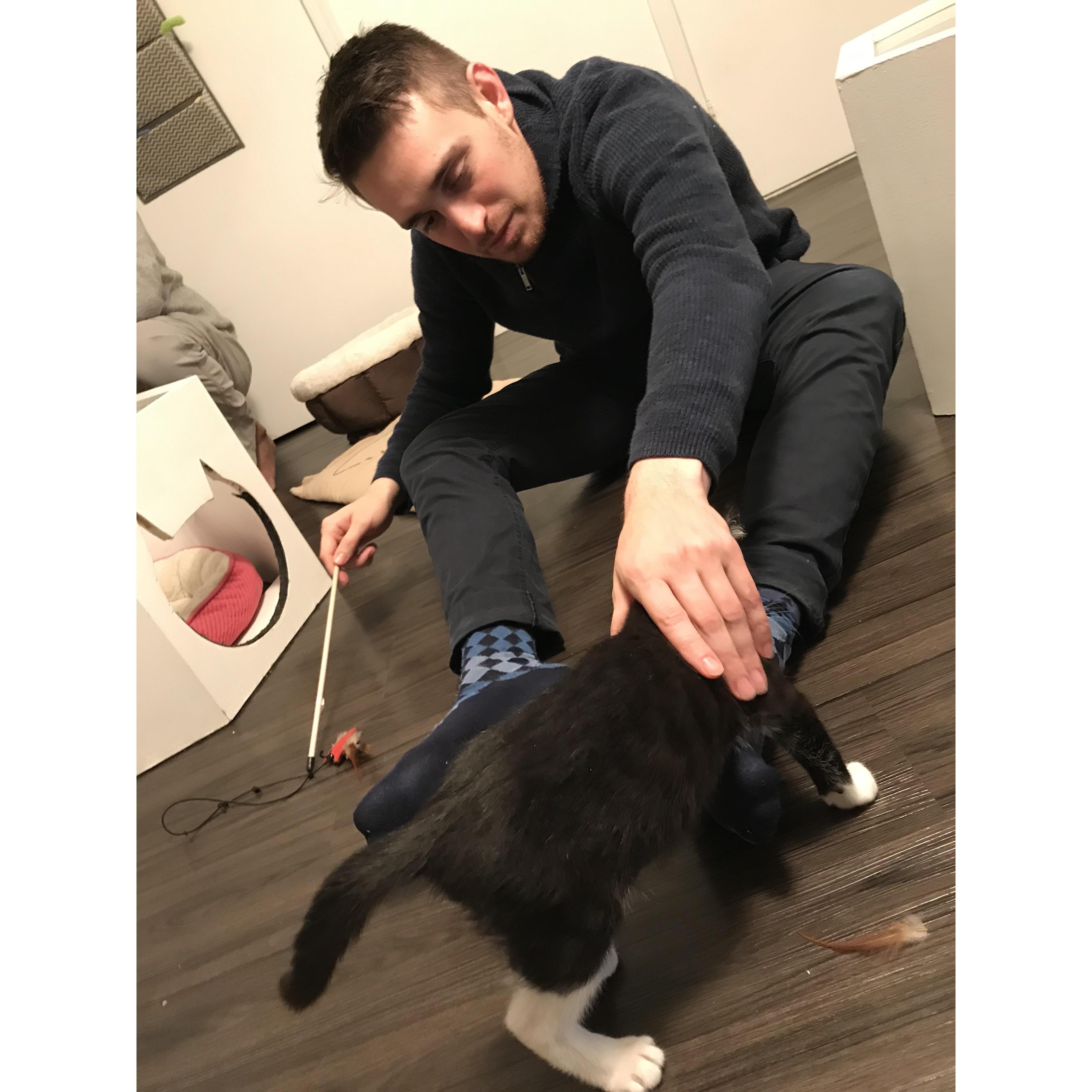 Seb training to be a cat dad.