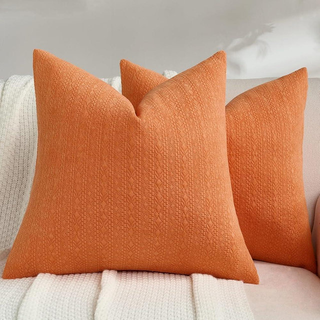 FUTEI Pack of 2 Solid Chenille Throw Pillow Covers 18x18 Inch Soft Farmhouse Decorative Accent Cushion Cases Modern Home Decor for Couch Living Room, Orange
