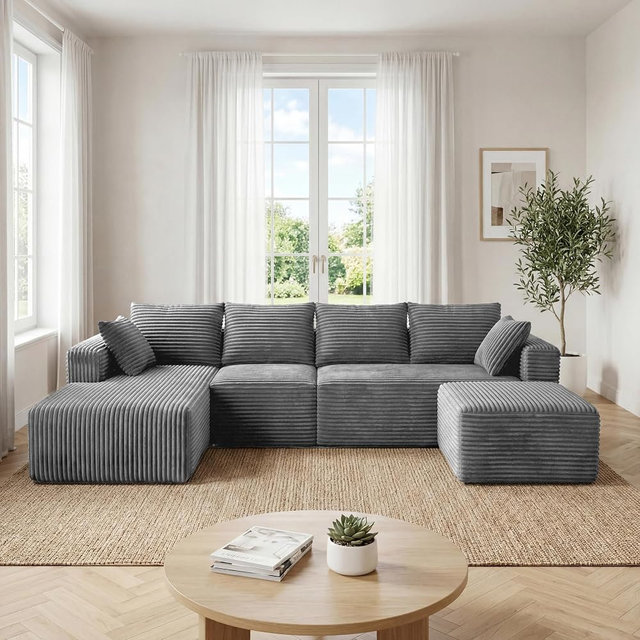 118" Modular Sectional Sofa with Chaise and Ottoman, Oversized U-Shaped Corduroy Cloud Couch, Deep Seat Boneless Couch for Living Room, No-Assembly - Grey(Left Facing Chaise)
