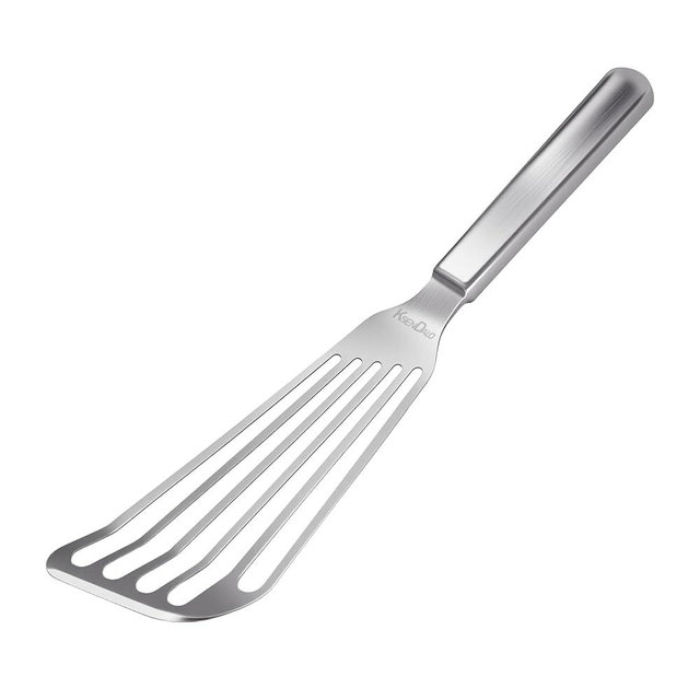 KSENDALO Thin Fish Spatula SUS304 Stainless Steel - One-Piece Flexible Slotted Egg Flipper, Angled Blade, Hollow Grip, Metal Turner for Fish/Eggs/Omelettes, All Cookware, Dishwasher Safe