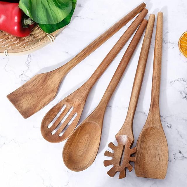 Exquisite Wooden Cooking Utensils For Kitchen, Set Of 5, 12 Inch Acacia Wood Kitchenware Tool Set, Cooking Gadgets Includes Spoon, Spoon Spatula, Spaghetti Spoon, Slotted Spoon, Shovel