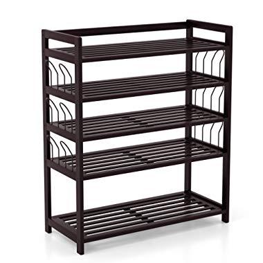 Homfa Bamboo Shoe Shelf Storage Organizer 5-Tier with 12 Hanging Bar Entryway Shoe Rack, Home Shelf Storage Cabinet for Shoes, Books and Flowerpots Dark Brown