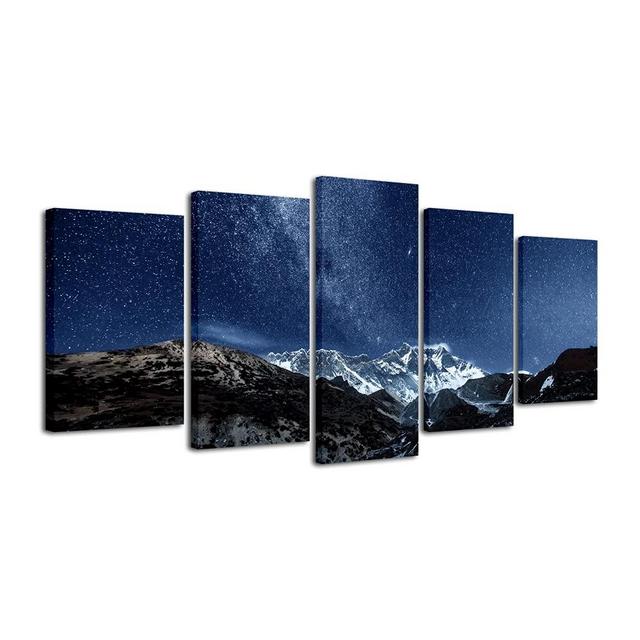 Pyradecor Blue Giclee Canvas Prints Wall Art Starry Night Sky Over Snowy Mountain Pictures Paintings for Living Room Bedroom Home Office Decorations 5 Piece Modern Milky Way Landscape Romance Artwork