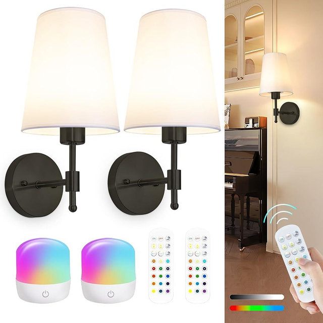 Laiebri Battery Operated Wall Sconces Set of 2, Rechargeable Gold Wall Sconce with Remote Control, 12 Colors RGB Magnetic Bulb, Wireless Battery Wall Lamp for Bedroom Living Room Hallway