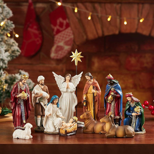 BESBLEE Nativity Sets for Christmas Indoor Set of 13 Pieces 5.9 Inches Tabletop Classic Nativity Scene Resin Figurines Set Religious Decorations Collection Gifts fot All Holidays Home Decor