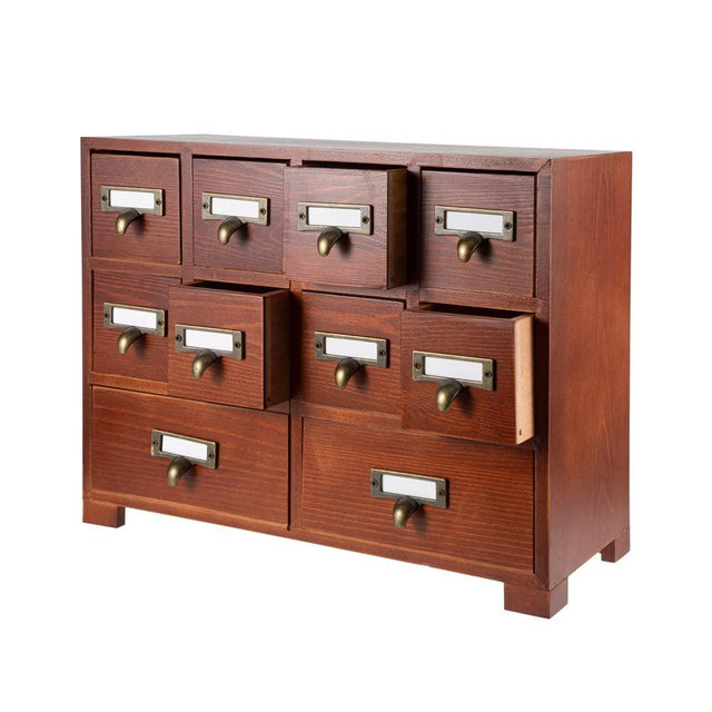 PACKGILO Apothecary Cabinet with 10 Drawers & Labels Rustic Library Card Catalog Cabinet Desktop Wooden Storage Box for Organize Herbal、Tea Bag、Jewelry (Brown)