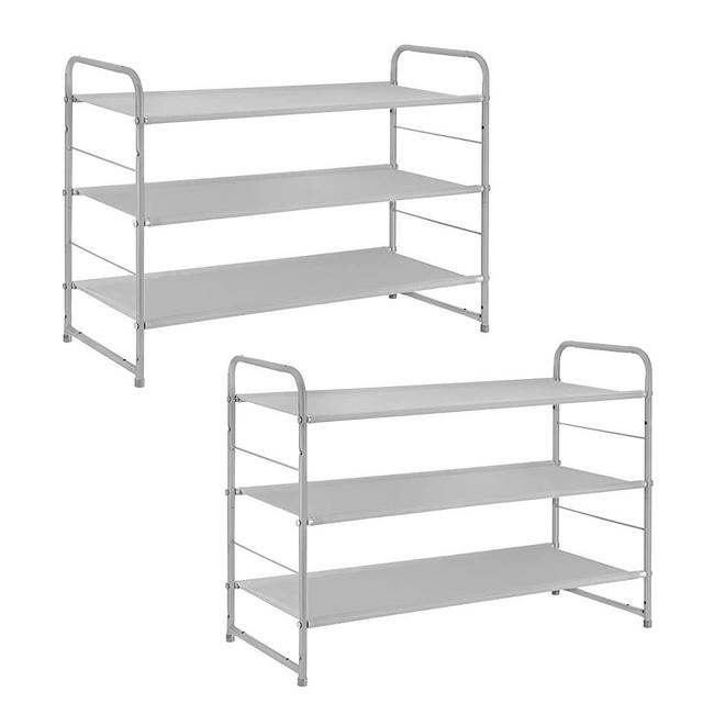 2 Pack Simple Trending 3-Tier Stackable Shoe Rack, Expandable & Adjustable Fabric Shoe Shelf Storage Organizer, Silver
