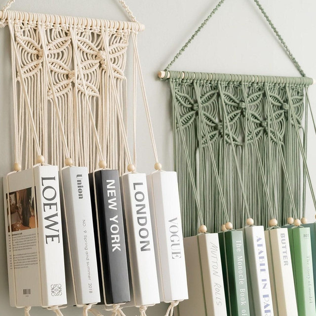 Macrame Book Holder, Book Lover Gift, New Home Gift, Mid Century Modern, Nursery Bookshelf, Housewarming Gift, Kids Bookshelf I40