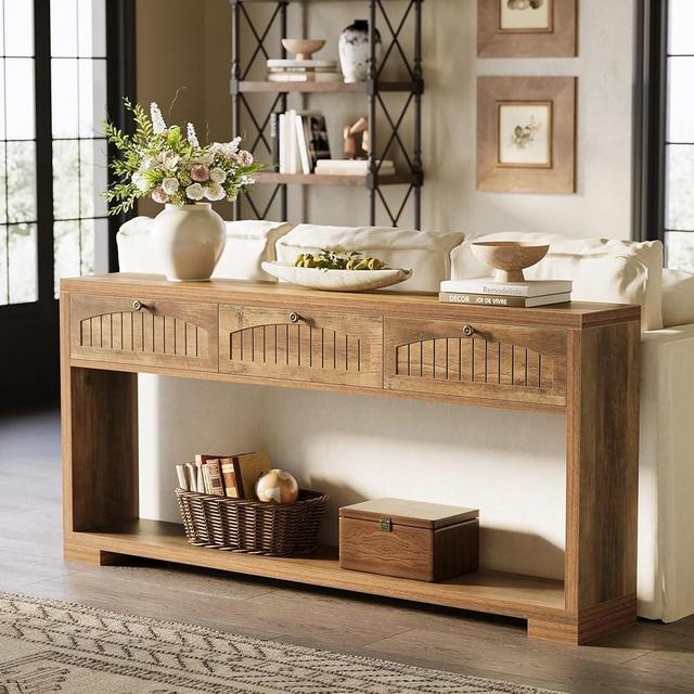 LITTLE TREE 70.8-Inch Long Console Table with 3 Drawers, Narrow Farmhouse Entryway Table for Hallway, Entry, Behind Couch, Living Room, Sofa, Entrance, Foyer with 2-Tier Shelves, Rustic Brown