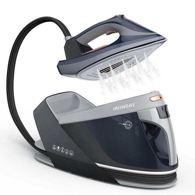 IRONDAY Steam Station for Clothes with LED Screen, 1800W Steam Iron Ceramic Soleplate, Auto Shutoff, Self-clean, Anti-drip, 50.72oz Removable Water Tank Ironing Steamer for Various Fabrics, Blue