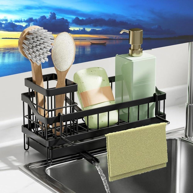 SOVGIZF Kitchen Sink Caddy Organzier with High Brush Holder, Wall-Mounted Sponge Holder for Sink, Countertop Organizer Soap Dispenser Storage, Rustproof 304 Stainless Steel Kitchen Essentials
