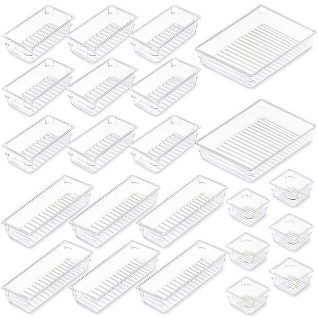 Chefstory 23 Pcs Clear Drawer Organizers Set, 4 Sizes Plastic Vanity Drawer Organizers and Storage Bins, Desk Drawer Organizer Trays with Non-slip Silicone Pads for Makeup,Bathroom and Kitchen