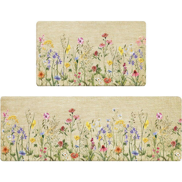Zussun Kitchen Rug Mats for Floor Cushioned Anti Fatigue Floral Kitchen Rugs Sets of 2 Farmhouse Wildflowers Non Slip Waterproof Comfort Memory Foam Standing Floor Mat for Office Laundry Sink Desk