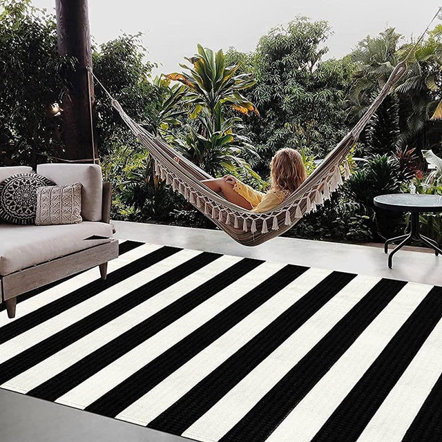 LEEVAN Black and White Striped Area Rug 5' x 8' Indoor Outdoor Rug Washable Woven Farmhouse Fabric Porch Front Outdoor Rug Patio Clearance for Living Room Large Cotton Floor Carpet
