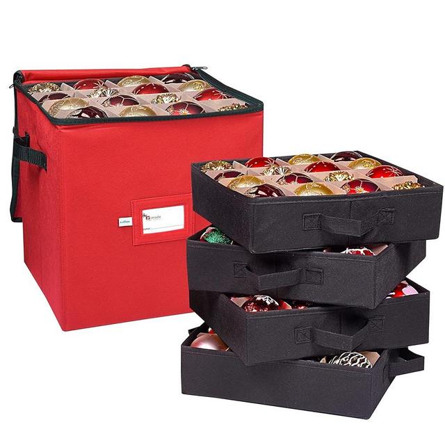 Primode Holiday Ornament Storage Box, 4 Layers, Fits 64 Ornaments Balls, Constructed of Durable 600D Oxford Material Red