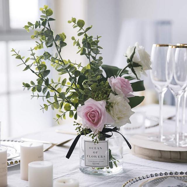 Ins Style Vase with Artificial Flower Set 1 Piece Fake Rose Berry Leaf Floral Flower Arrangement Glass Rose (Pink S)