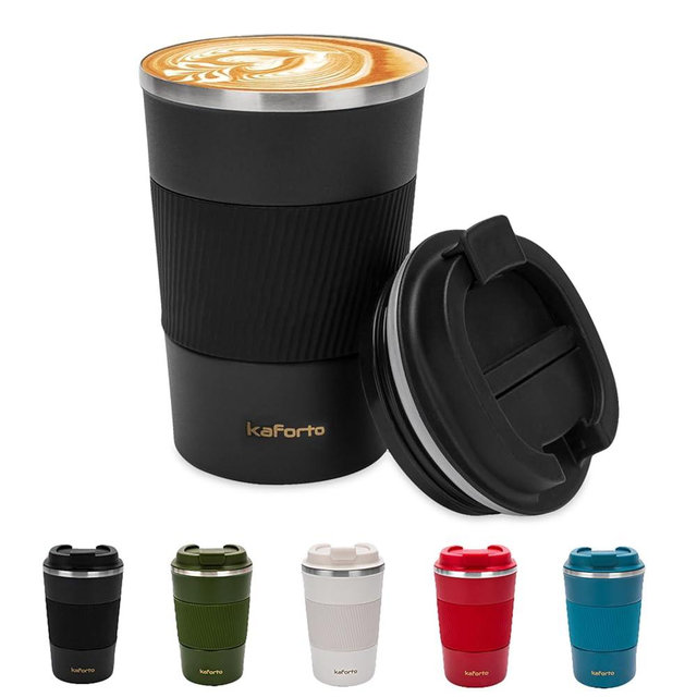 kaforto 16oz Insulated Coffee Travel Mug Stainless Steel Vacuum Coffee Cup Leakproof with Screw Lid Double Wall Coffee Tumbler Reusable Thermal Cup for Hot/Iced Beverage - 510ml, Black