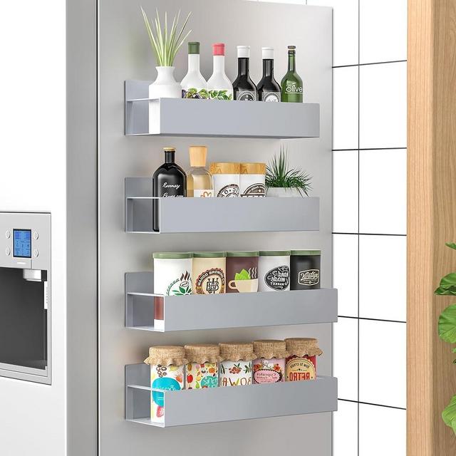 HuggieGems 4 Pack Magnetic Spice Storage Rack Organizer for Refrigerator and Oven, Gray Fridge Organizers and Storage