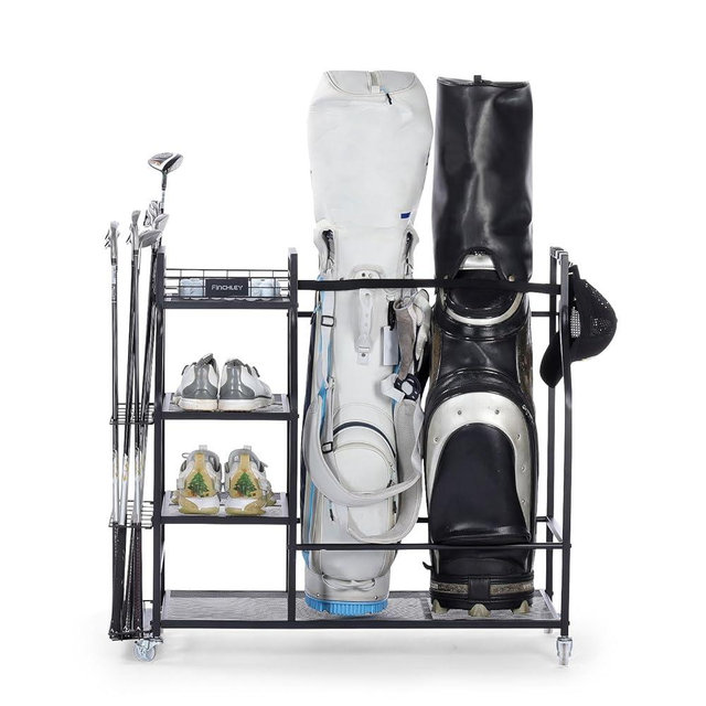 A11N SPORTS Finchley Large Capacity Golf Bag Organizer for Garage – Easy Move Golf Bag Stand Holds 2 Bags, 12 Clubs, 3 Pairs of Shoes, Golf Storage Rack with Extra Shelves for Home or Garage