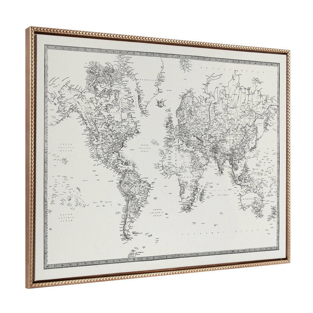 28"x38" Sylvie Beaded Vintage World Map Canvas - Kate & Laurel All Things Decor: Horizontal Wall Art, Gold Frame