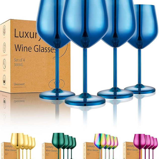 UNISWEET Stainless Steel Wine Glasses Set of 4 Unbreakable Blue Wine Glass 18 oz Unique Metal Wine Goblets for Outdoor, Travel, Camping, Pool, Ideal Gift for Wine Lovers