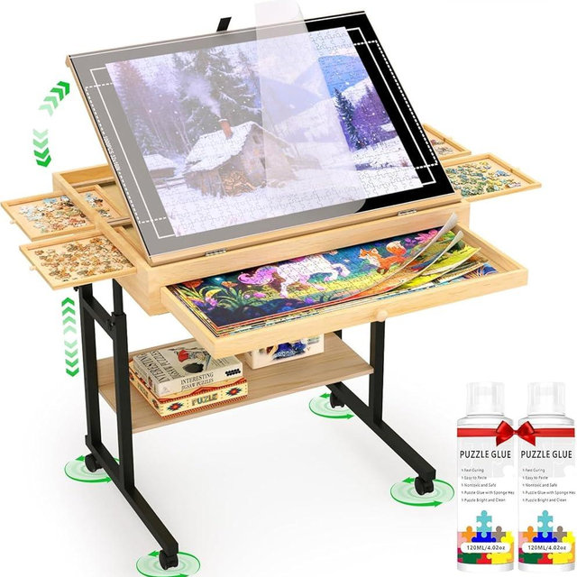 CEDARDVD Wooden Puzzle Table with Storage for 300-1500 Piece Puzzles – Adjustable Height & Tilt, Felt Cover, Metal Stand, Lockable Wheels, Perfect for Puzzle Lovers & Adults (Puzzle Table-M)