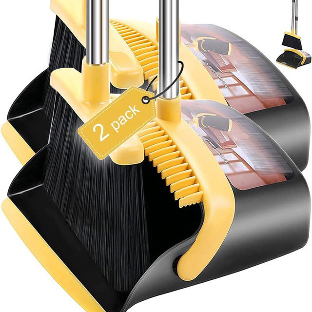 2-Pack is More economical,Brooms with Dustpan Combo Set， with 52" Long Handle, Dustpan Teeth with self-Cleaning Function, Indoor and Outdoor Sweeping, Perfect for Home Office (Large/Yellow/ 2-Pack)