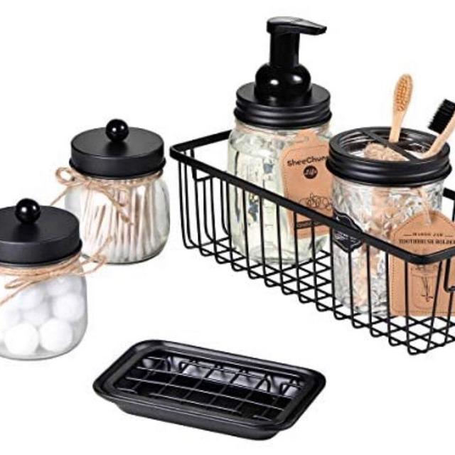 Mason Jar Bathroom Accessories Set(6PCS) - Foaming Soap Dispenser,Toothbrush Holder,Qtip Holder,Apothecary Jars, Soap Dish,Metal Wire Storage Organizer (Black)