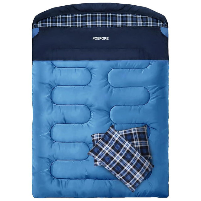 POEPORE Double Sleeping Bag Flannel for Adults with 2 Pillows 2 Person Sleeping Bags Camping XXL Queen Size Two Person Sleeping Bag for Cold Weather
