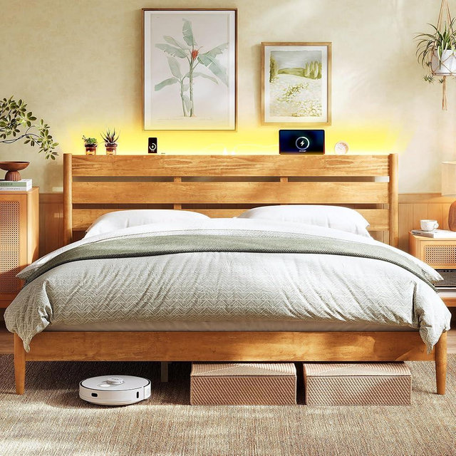 SONGMICS HOME King Bed Frame with Solid Wood Legs Slats, Platform Bed with Headboard, LED Lights, Charging Station, Mid-Century Modern Style, No Box Spring Needed, Caramel Brown URMB414K01