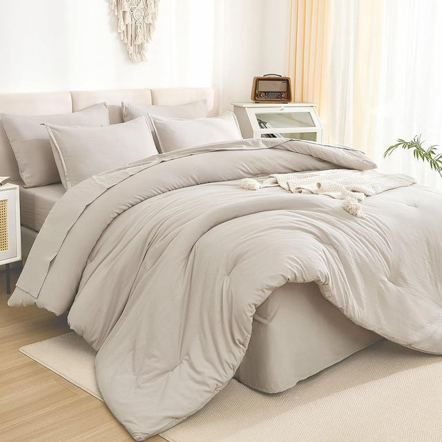Litanika King Size Comforter Set Linen - 7 Pieces Bed in a Bag King Beddding Comforter Sets, Solid Lightweight Bed Set with Comforter, Sheets, Pillowcases & Shams