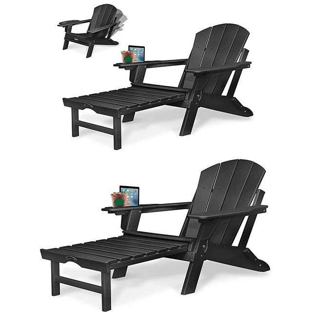 FOOWIN Adjustable Backrest Adirondack Chair, Lounge Chair w/4 in 1 Cup Holder Trays, Folding Adirondack Chairs with Ottoman Weather Resistant, Fire Pit Chair for Deck, Garden&Backyard (Black)