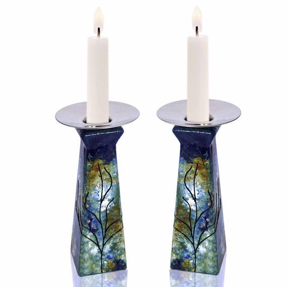 Tall Pyramid Candle Holder Hand Painted Lapis, Blue, Amber, White, housewarming gift, Bat Mitzvah gift, wedding gifts, Jewish, Judaica