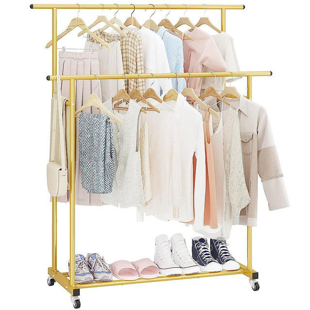 Calmootey Double Rod Clothing Garment Rack,Rolling Hanging Clothes Rack,Portable Clothes Organizer for Bedroom,Living Room,Clothing Store,Gold