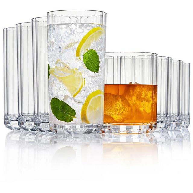 US Acrylic Faceted Clear Plastic Reusable Drinking Glasses (Set of 8) 14oz Rocks & 18oz Water Cups | BPA-Free Tumblers, Made in USA | Top-Rack Dishwasher Safe