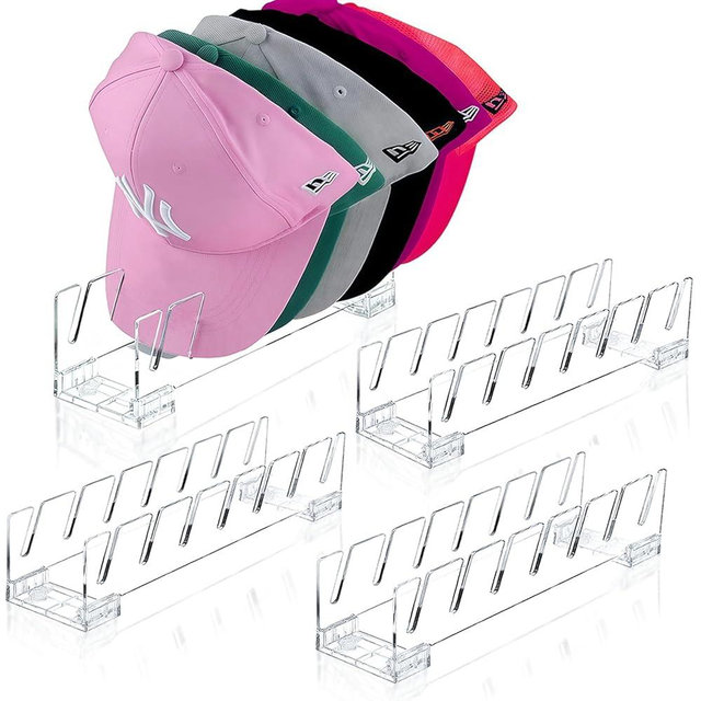 FAMOVELL® 4 Pack Acrylic Hat Organizer for Baseball Caps, Clear Hat Stand for Closet Dresser Bedroom and Shelf - Non-Slip Cap Holder Displays and Holds Up to 28 Tennis or Trucker Hats