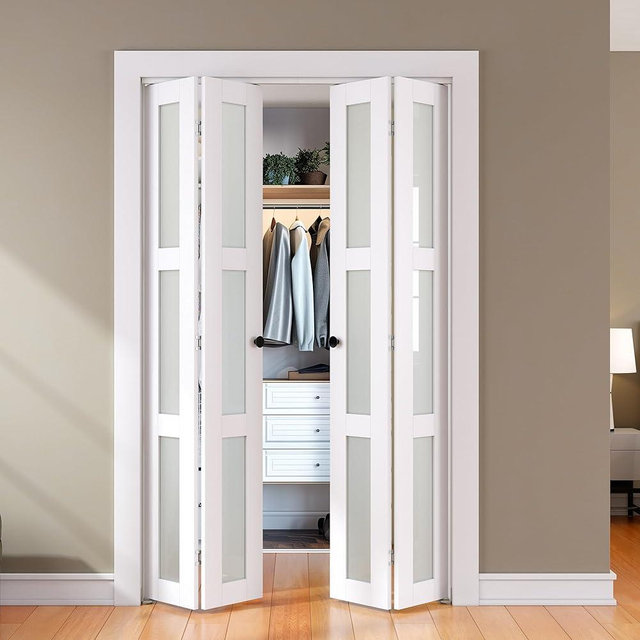SMARTSTANDARD Bifold Door, for 48" x 80-3/4" Opening,Tempered Frosted Glass Closet Folding Barn Door with Hardware Kit, Water-Proof PVC Surface,Easy Install,White