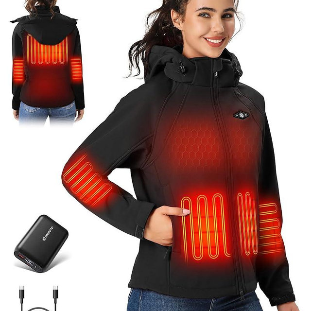 WASOTO Heated Jackets for Women 18400 mAh Battery Pack Water-Resistant Slim Fit with Detachable Hood Softshell Jackets