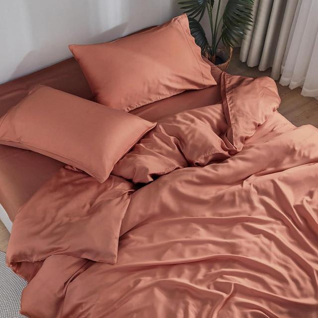 DOZ Sheet Set, 100% Viscose derived from Bamboo, Organically Grown, Buttery Soft, Cooling Sheets, High GSM, Deep Pockets - 4pc - 2 Pillowcases 1 Fitted Sheet 1 Top Sheet (Clay, Queen)