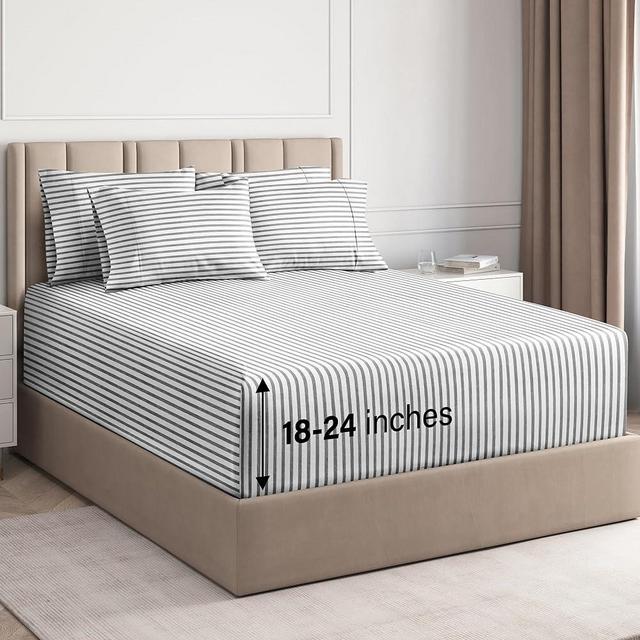 Extra Deep King Sheet Set - 6 Piece Breathable & Cooling Sheets - Hotel Luxury Bed Sheets Set - Easy Fit - Soft, Wrinkle Free & Comfy Sheets Set - Grey Striped Sheet Set w/Extra Deep Pockets