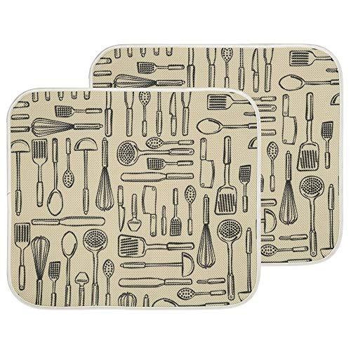 mDesign Ultra Absorbent Reversible Microfiber Dish Drying Mat and Protector for Kitchen Countertops, Sinks - Folds for Compact Storage, Large - Utensil Print - 2 Pack - Wheat/Ivory