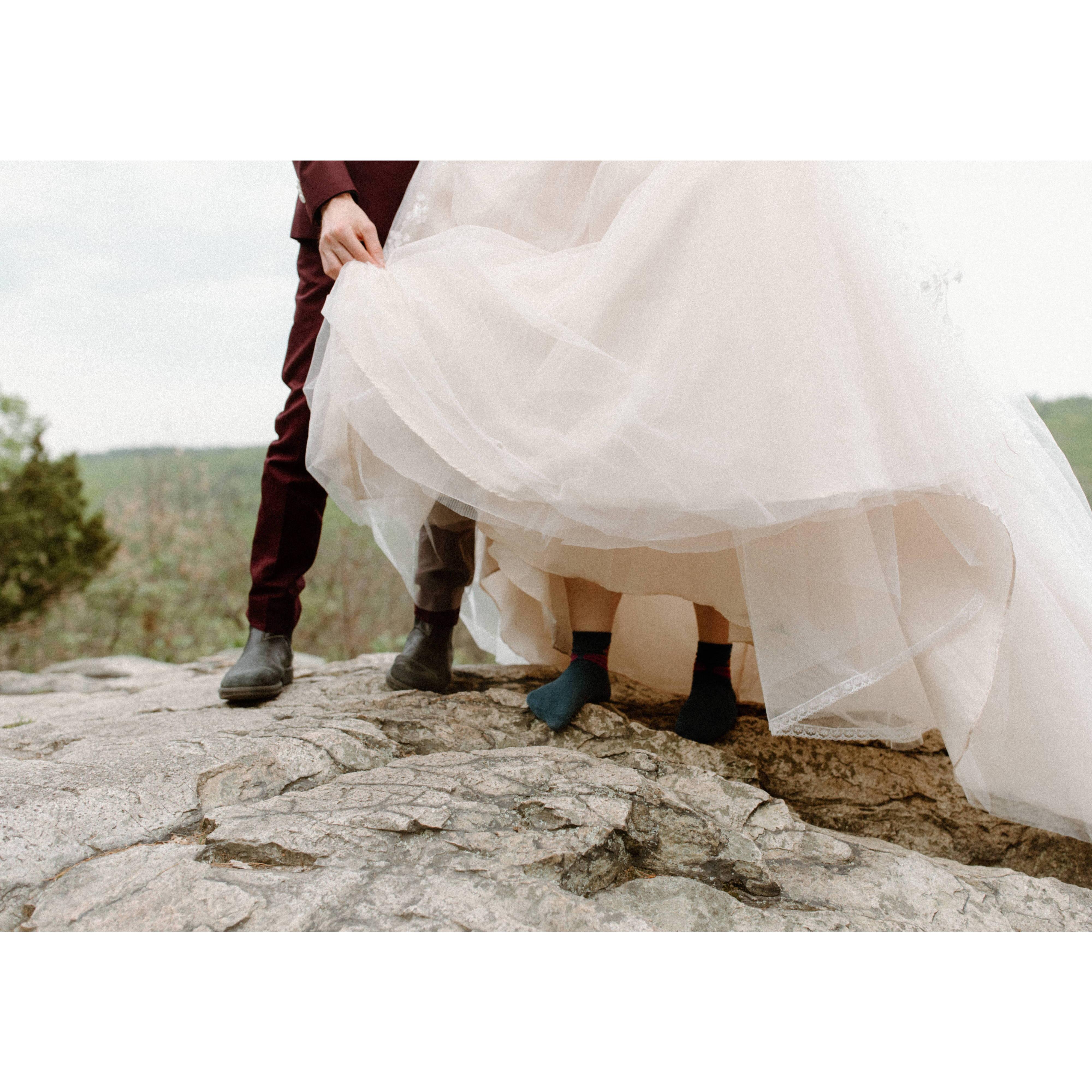 Brittany forgot her wedding boots (and the crystal crown) in the car and only realized two-thirds of the way into the hike to the peak. So, she wore her socks instead of her Hokas.