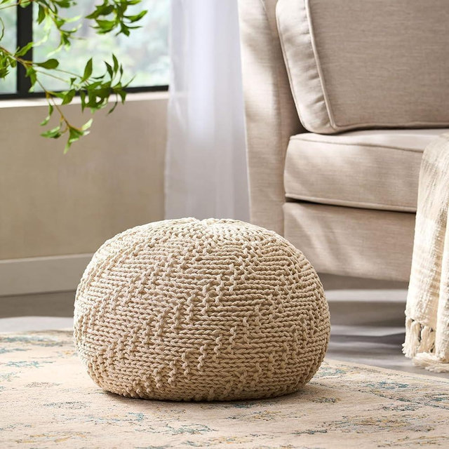HyorecyTech Handcrafted Knitted Cotton Round Pouf - 20x20, Modern Design, Soft and Comfortable, No Assembly, Home Decor, Knit Ottoman, Boho Floor Pouf for Living (Knitted Pouf - Ivory)