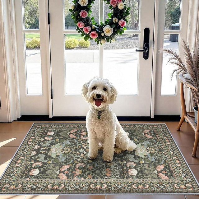 Washable 2x3 Entryway Area Rugs: Vintage Soft Floral Thin Doormat with Non Slip Backing Water Resistant Bathroom Laundry Rug for Kitchen Indoor Carpet for Bedroom Low Pile Floor Mat (2x3,Green)