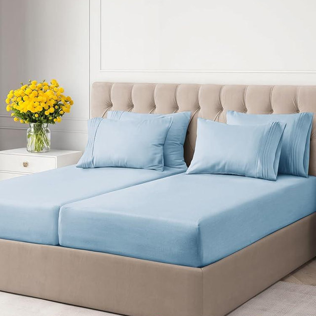 Split King 7 Piece Sheet Set - Breathable & Cooling Sheets - Hotel Luxury Bed Sheets - 1 Flat Sheet, 2 Fitted Sheets & 4 Pillowcases - Easy Fit, Soft & Wrinkle Free - Split King Baby Blue Sheets