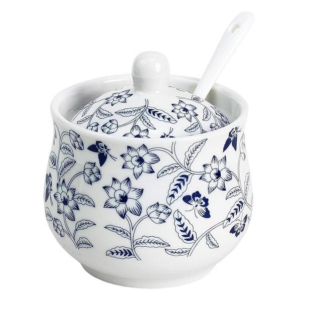 Ceramic Sugar Bowl Blue and White Flower Jar Salt Pepper Storage Jar with Lid And Spoon