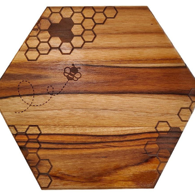 Honey and the Bee Engraved Hexagon Teak Cutting Board for Housewarming or Wedding Gift and Charcuterie Serving Honeycomb Solid Hardwood (Small - 6")